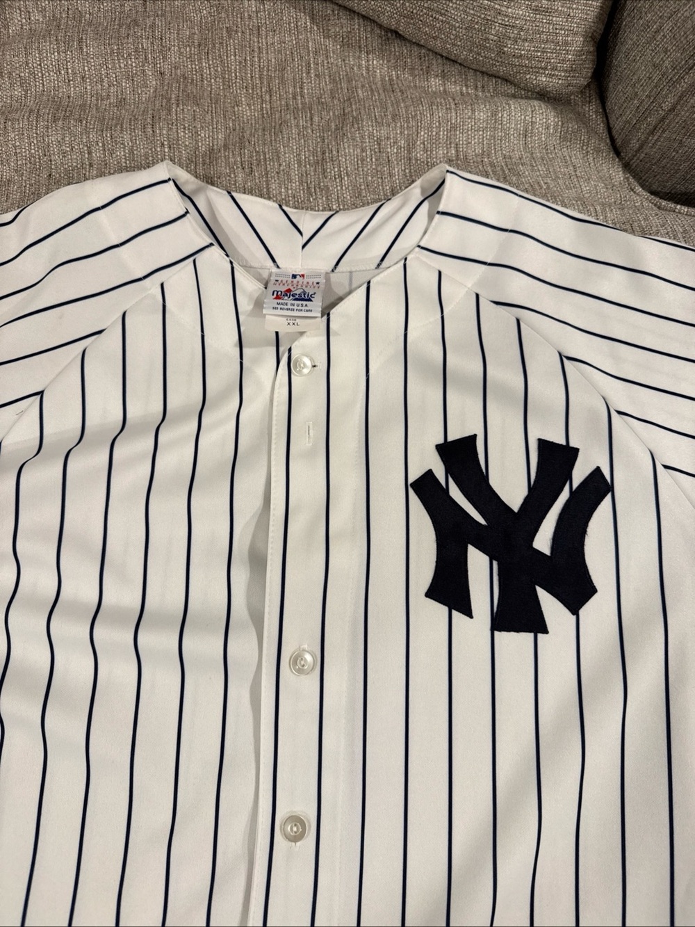 Majestic White Jersey with Navy Pinstripes and NY Logo